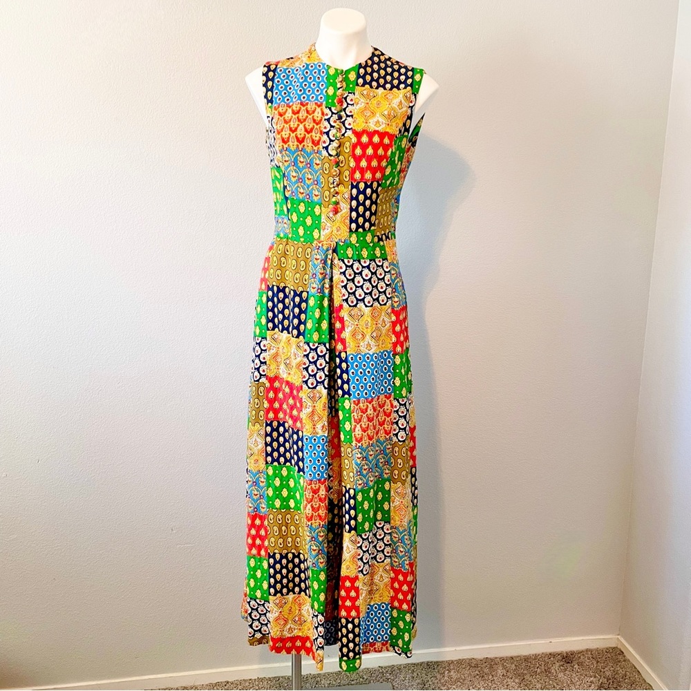 Vintage Gregg Draddy Faux Patchwork 1970’s Sleeveless Dress